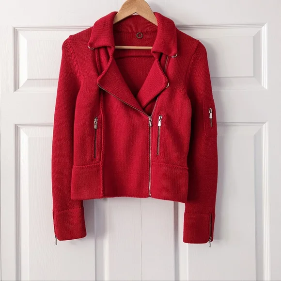 Anthropologie One Girl Who Red Wool Knit Sweater Moto Jacket | Size S - Picture 12 of 15